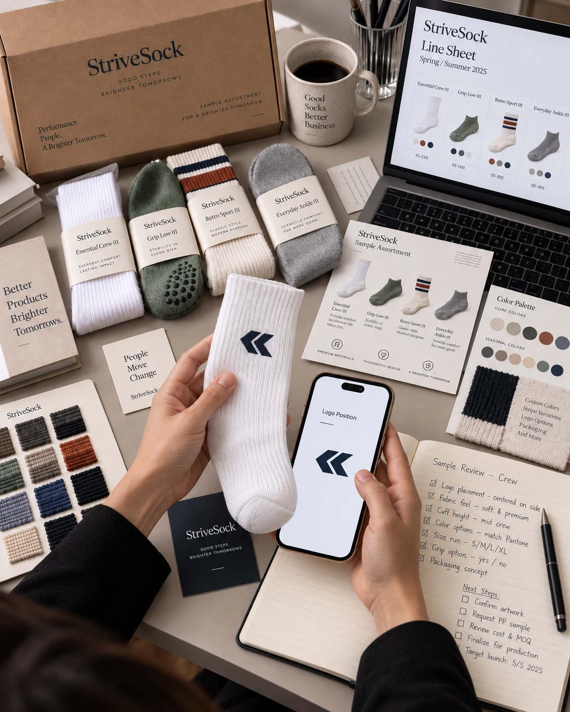 Buyer evaluating a StriveSock sample against product and branding references
