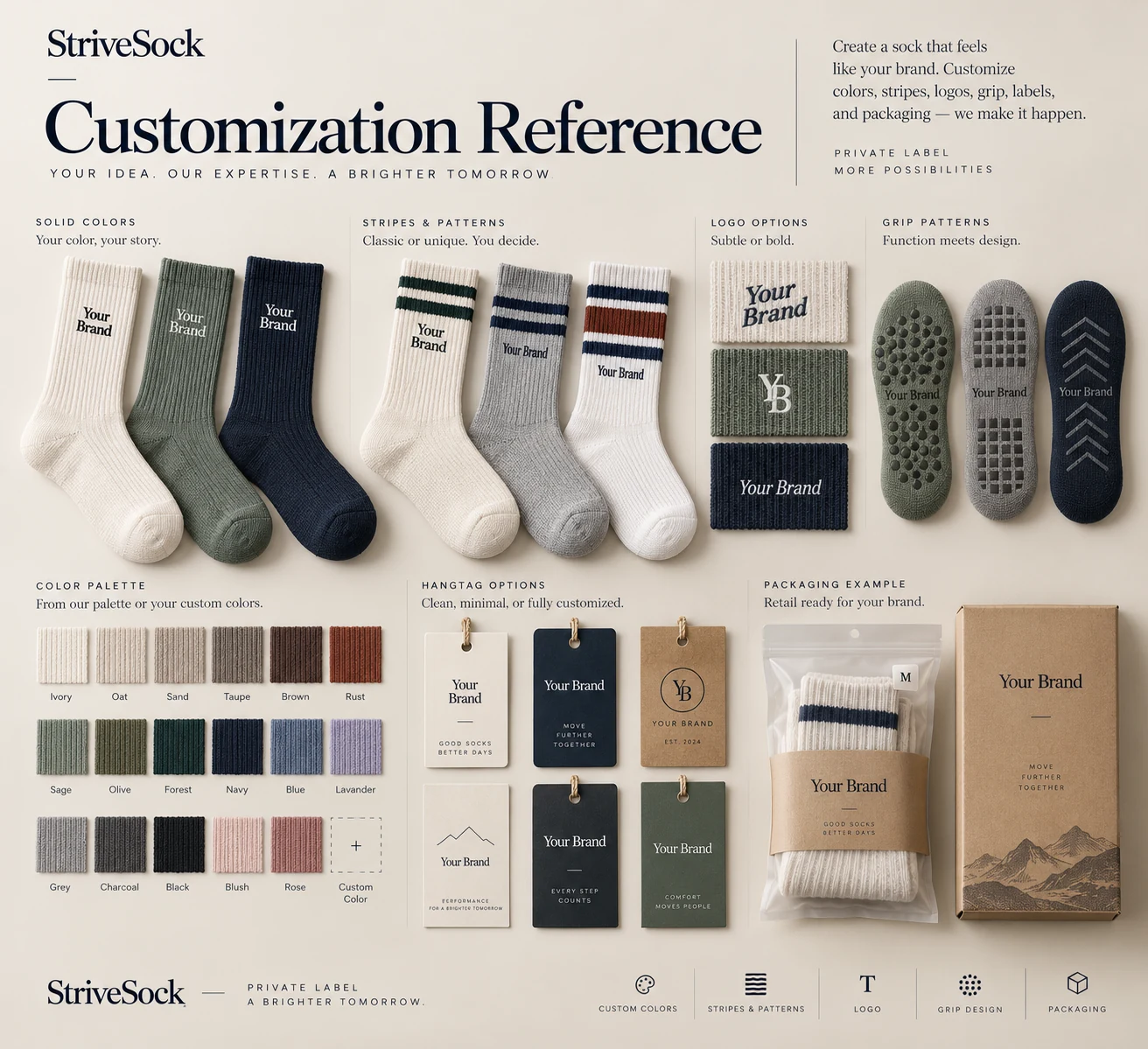 StriveSock color, stripe, logo, grip and packaging customization reference