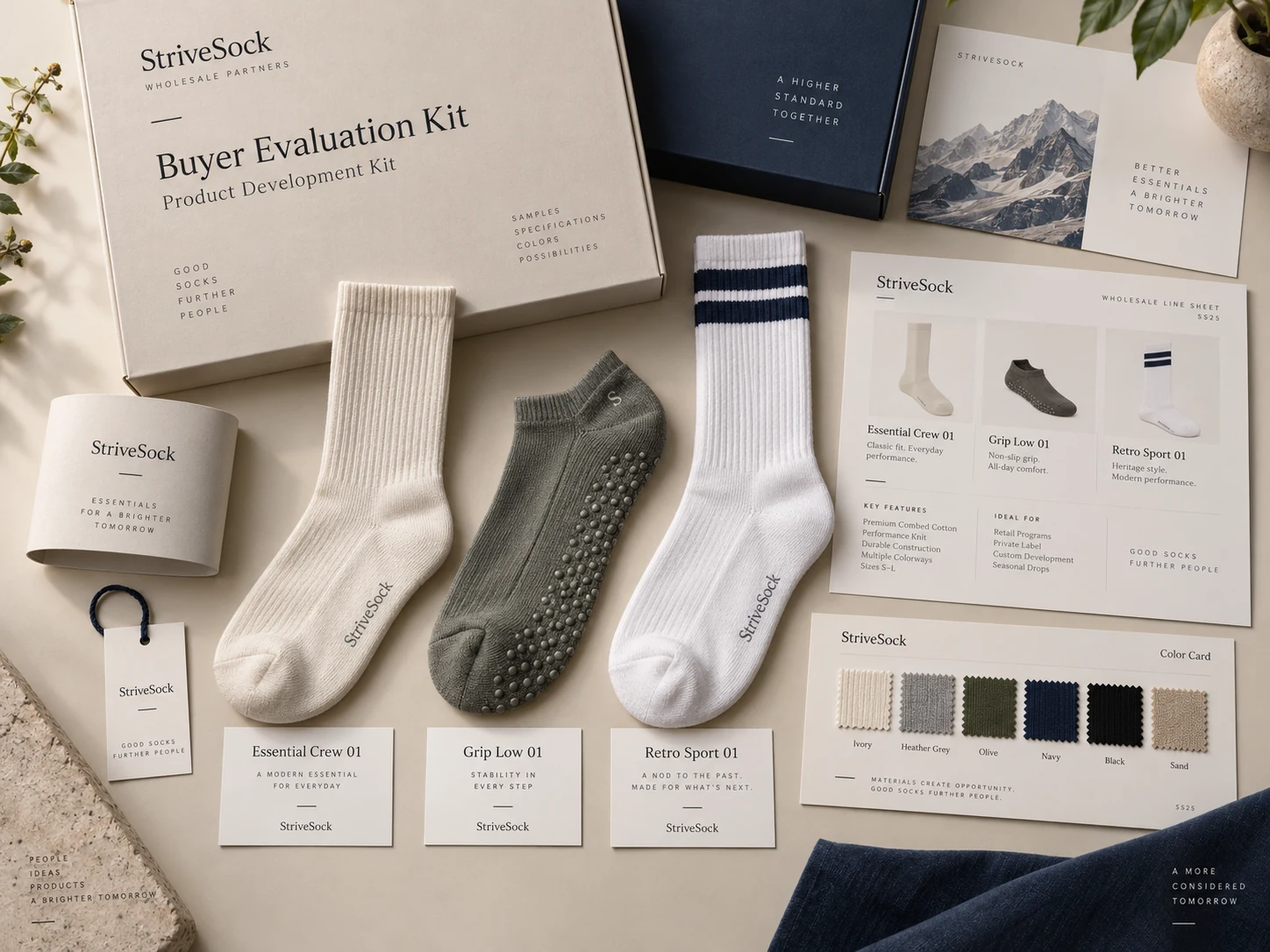StriveSock branded sock assortment prepared for buyer evaluation