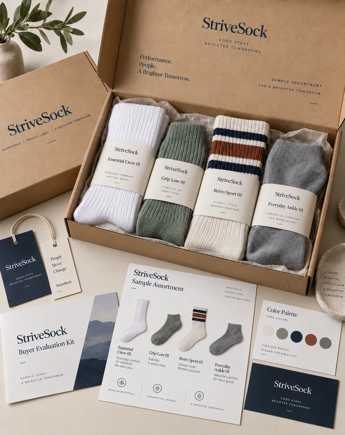 Open StriveSock buyer sample kit with selected sock styles