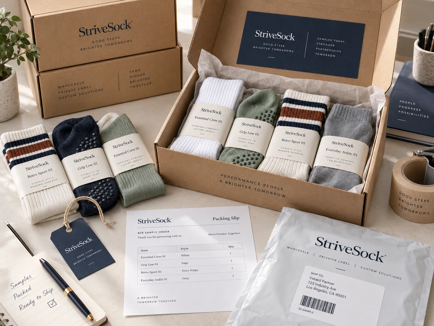 Completed StriveSock sample assortment packed and ready to ship