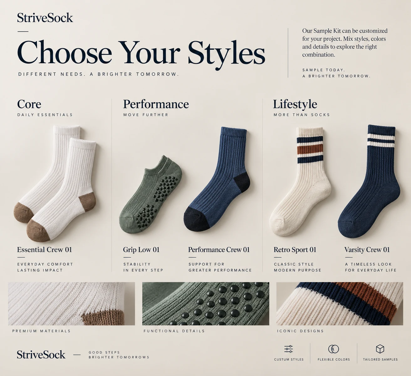 Core, performance and lifestyle styles available for the StriveSock Sample Kit