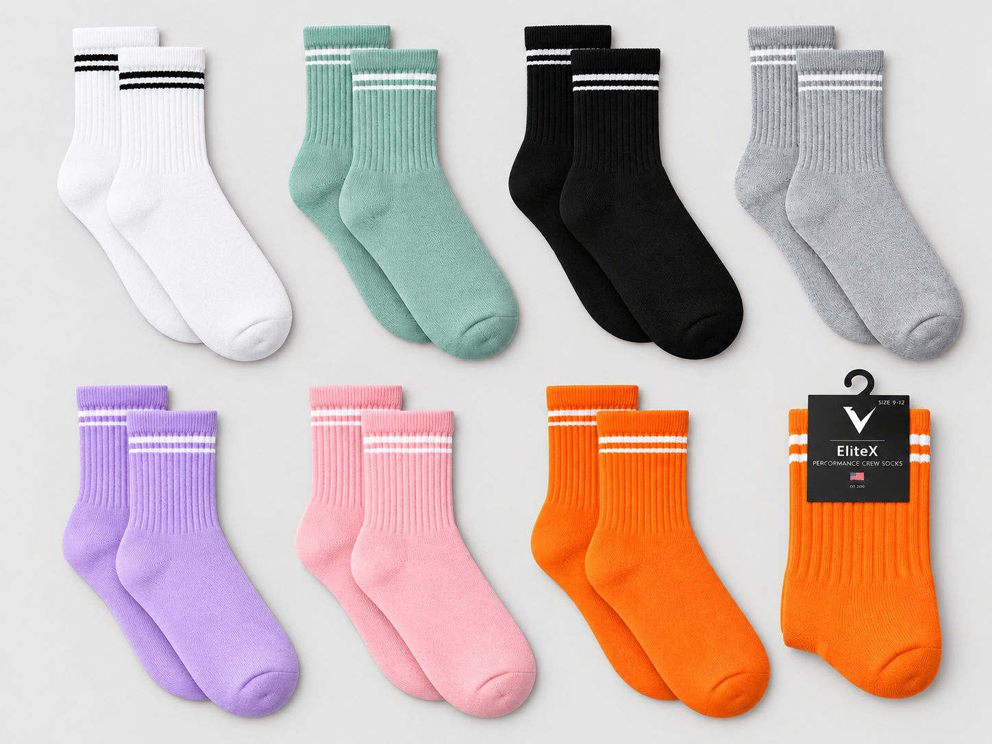 Ready-to-sell striped crew socks in multiple retail colorways