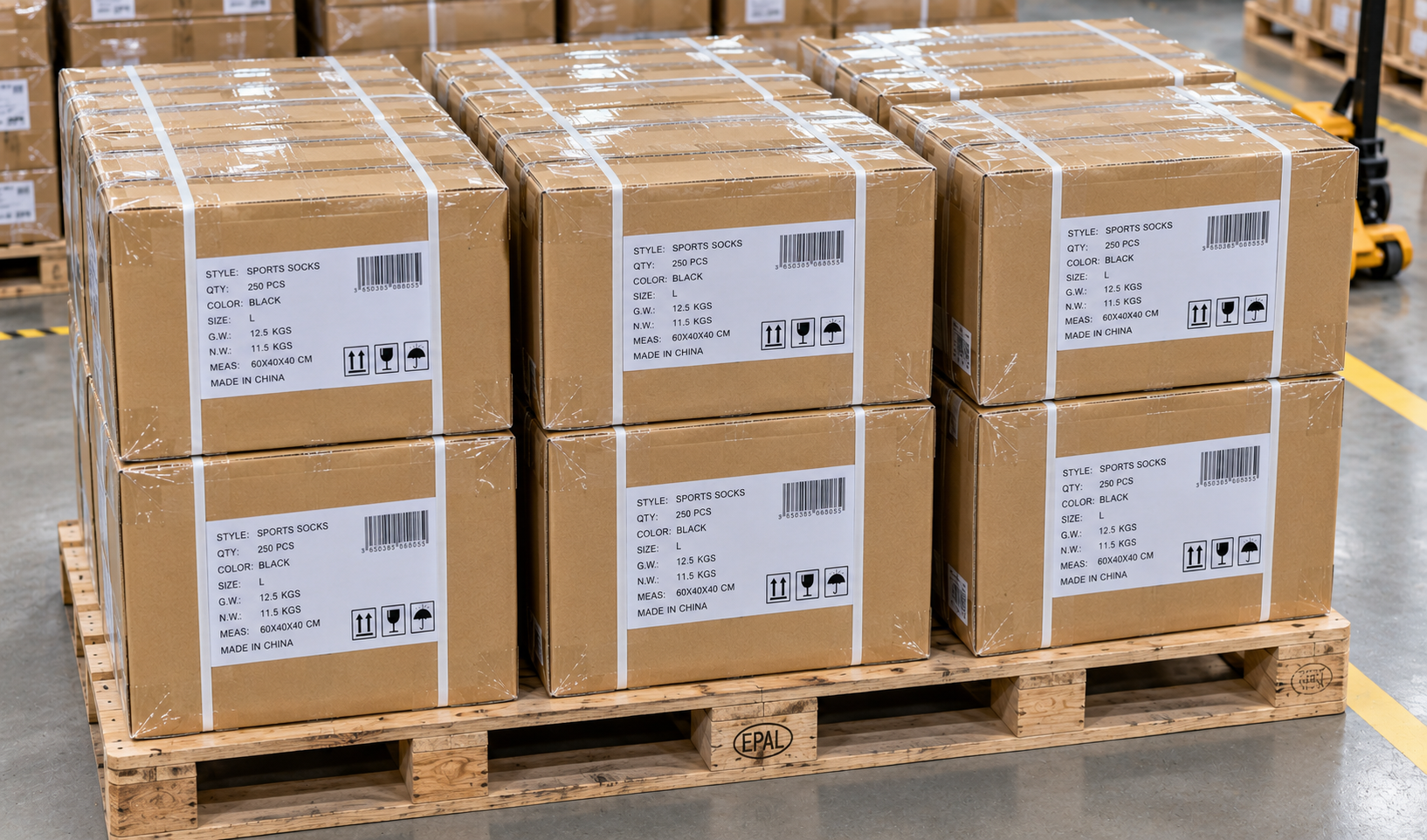 Labeled wholesale cartons stacked on a shipping pallet