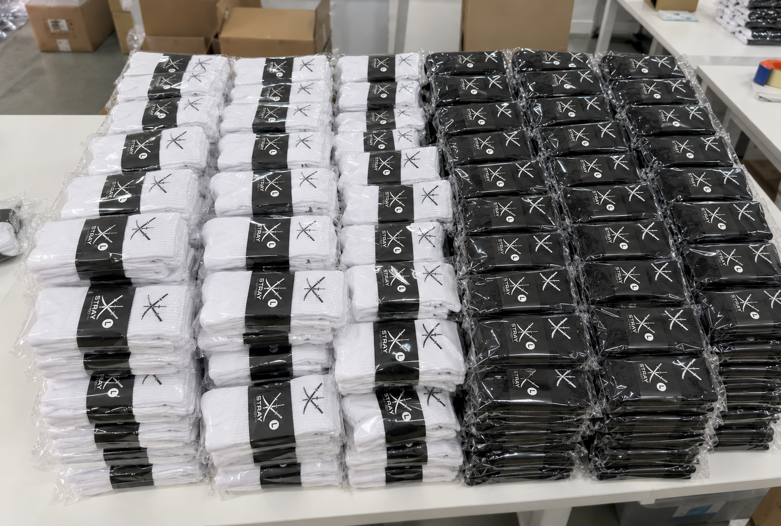 Individually packed wholesale socks organized for carton packing